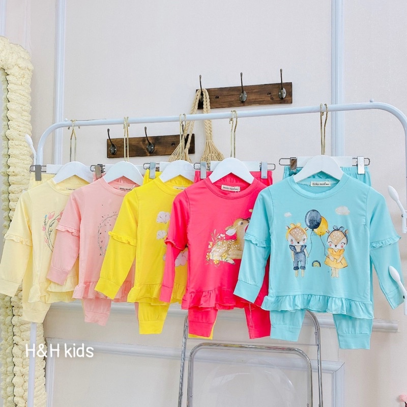NT113 Bộ đồ dài tay thun lạnh phối bèo tay hoạ tiết dễ thương cho bé gái