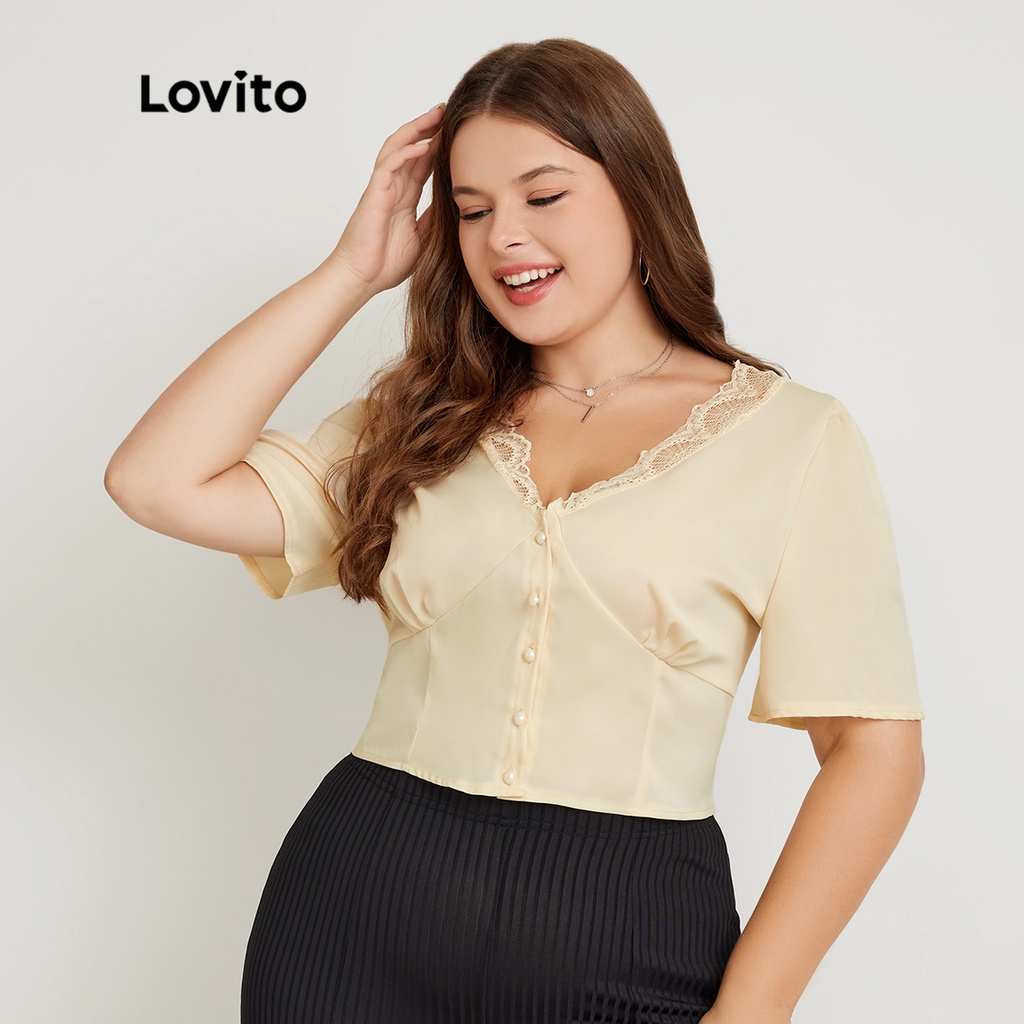 Áo Lovito plus size tay phồng phối ren tương phản màu trơn thanh lịch LPS02075 (màu trắng ngà)