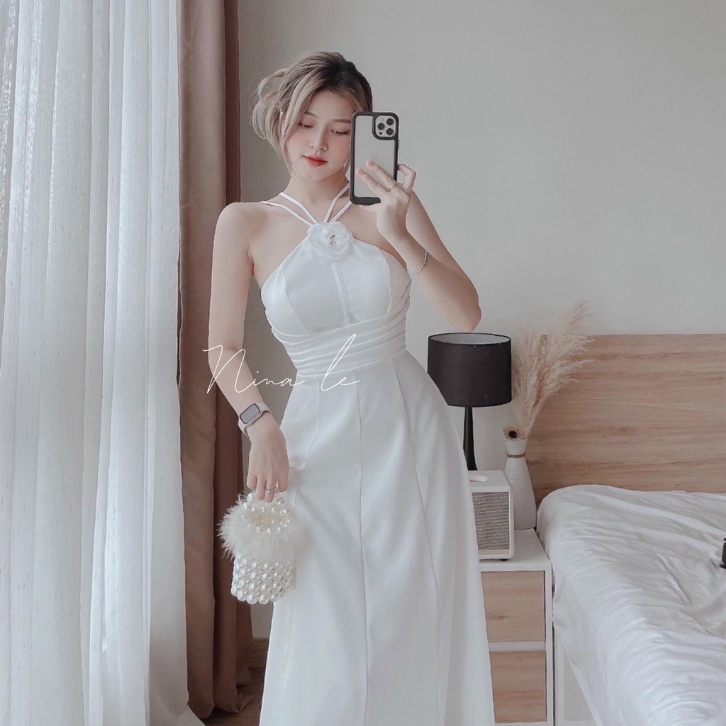 Đầm dự tiệc cổ yếm đan dây kết hoa có mút ngực màu đầm trắng, đen, kiểu đầm dự tiệc sexy thời trang nữ ARAVA