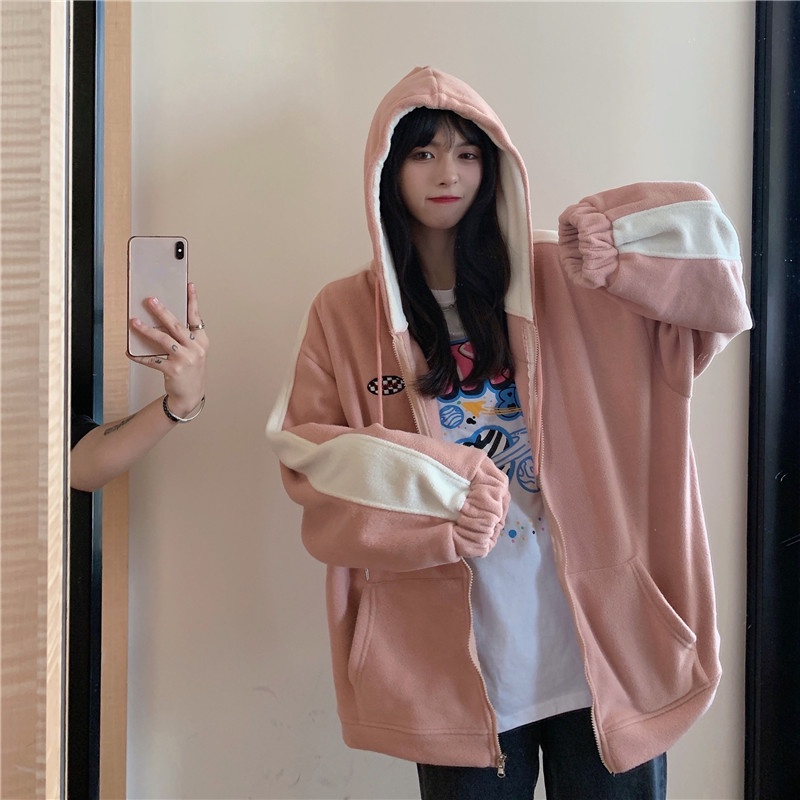 Áo Hoodie Dáng Rộng Màu Khối Thời Trang Mùa Thu Mới Cho Nữ