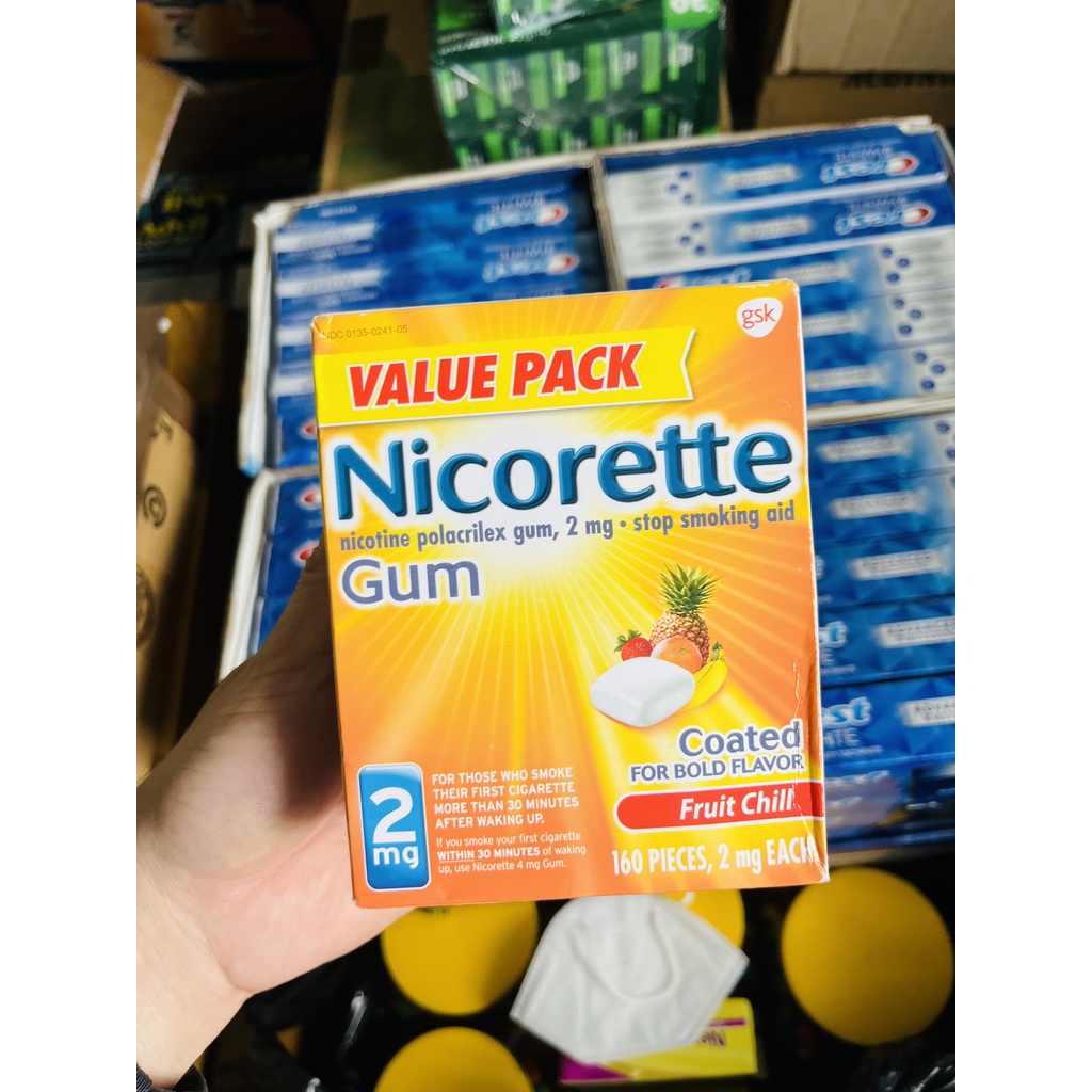 Kẹo gum cai thuốc lá Nicorette 2mg 4mg hương trái cây 160 viên của Mỹ