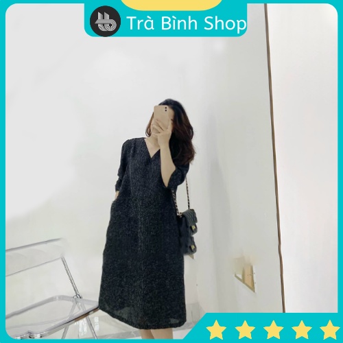 Váy suông thu đông dáng suông dài mặc đi chơi, Váy dạ cổ V tay lỡ - VDL1010 - Trabinhshop