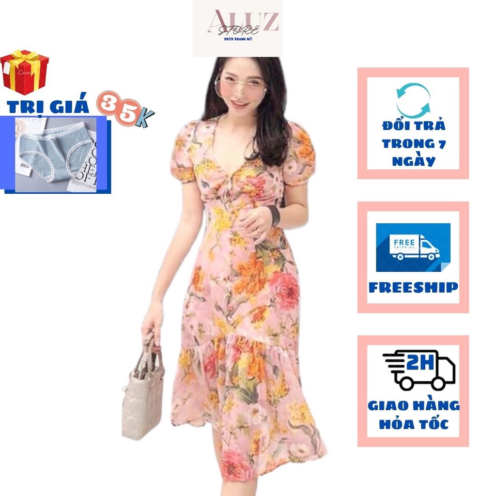 Váy Xinh Màu Cam Vải Voan Hoa Rút Ngực Tay Ngắn Có Lót Vải Trong Đuôi Váy Xèo Freesize từ 45 đến 56kg ALUZ STORE
