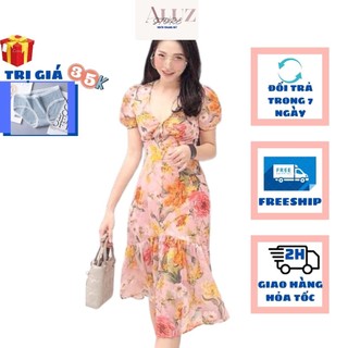 Váy Hoa  Màu Cam Vải Voan Hoa Rút Ngực Tay Ngắn Có Lót Vải Trong Đuôi Váy Xèo Freesize từ 45 đến 56kg ALUZ STORE
