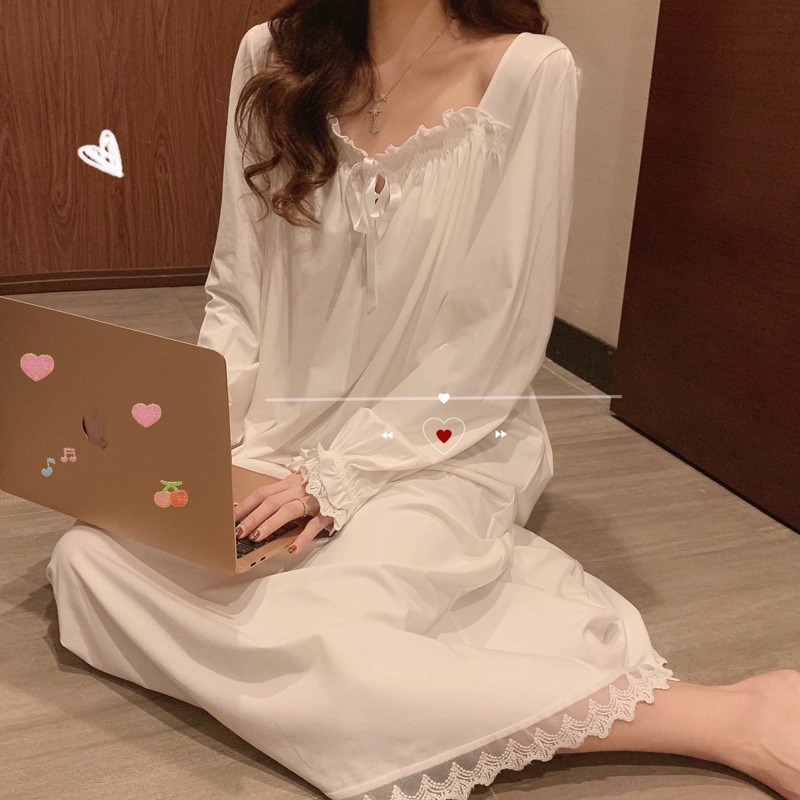 Váy Ngủ Tiểu Thư Dài Tay Mùa Thu, Đầm Ngủ Mùa Đông Tay Dài Phối Ren Ngọt Ngào