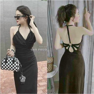 Đầm body cổ yếm xoắn ngực hở lưng phối khoen dáng dài