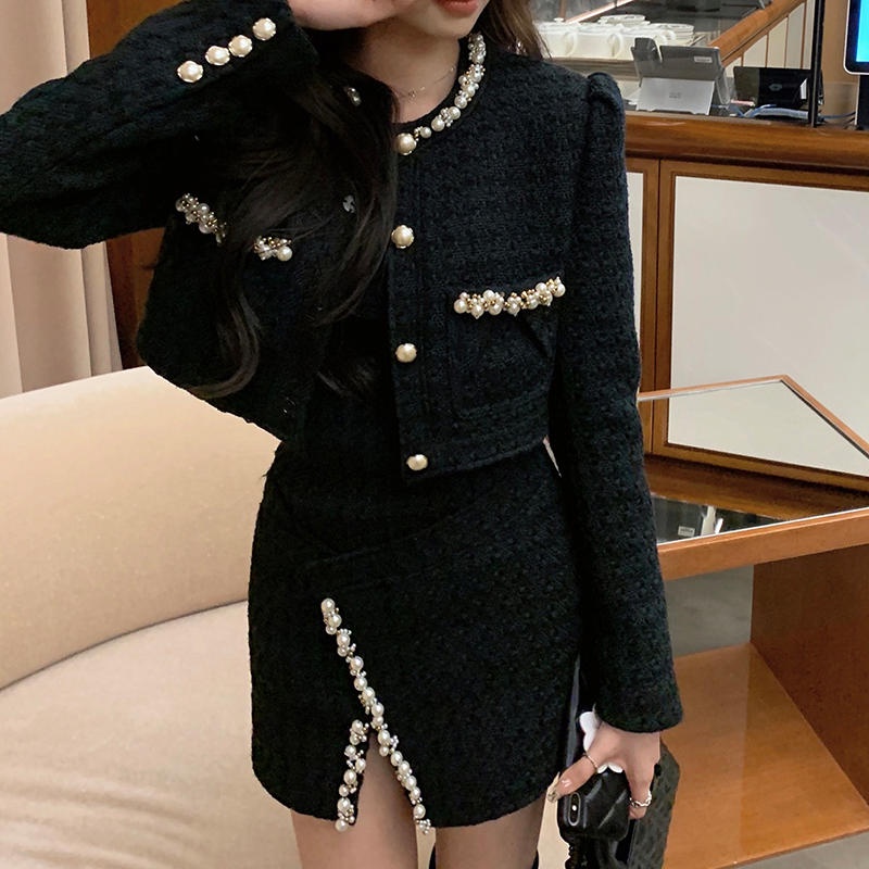 Set Dạ Tweed Áo Vest Nữ Croptop Tay Dài Khoác Ngoài, Chân Váy Ngắn Chữ A Xẻ Cao Ôm Body Kiểu Hàn Quốc Thu Đông SD099