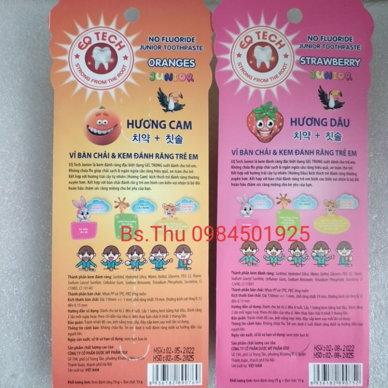 Bộ bàn chải đánh răng và gel EQ Tech Junior 75g cho bé hàng xuất Hàn - kem đánh răng nuốt được dành cho bé 2-8 tuổi