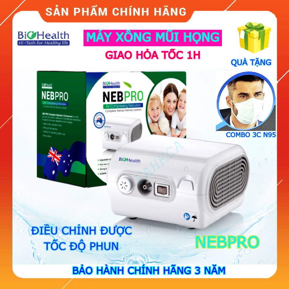 (HỎATỐC1h)Máy xông mũi họng BIOHEALTH NEBPRO, xông khí dung Neb Pro người lớn & trẻ em, điều chỉnh tốc độ - Chính hãng