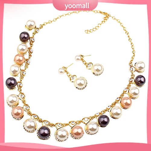 Bộ Vòng cổ + Bông Tai Đính Đá &amp; Ngọc Trai Nhân Tạo Cho Nữ