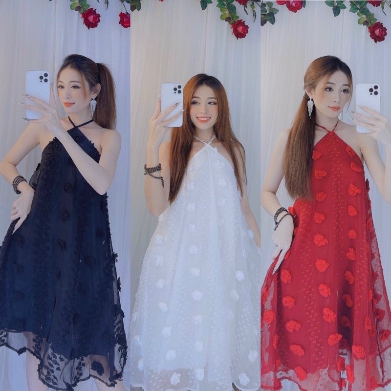 Đầm cổ yếm voan tơ hoa nổi form xoè chữ A-hình thật.