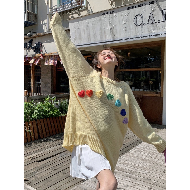 Áo Sweater Dệt Kim Tay Dài Cổ Tròn Dáng Rộng Thời Trang Thu Đông Dễ Thương Cho Nữ