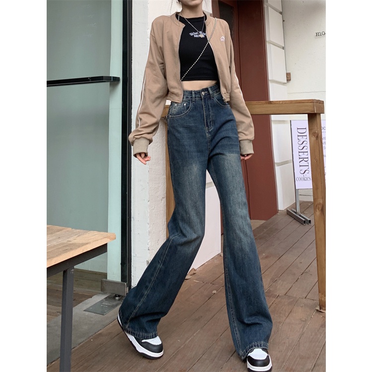 Quần Jean Lưng Cao Ống Rộng Thiết Kế Mới Thời Trang Mùa Thu Theo Phong Cách Vintage