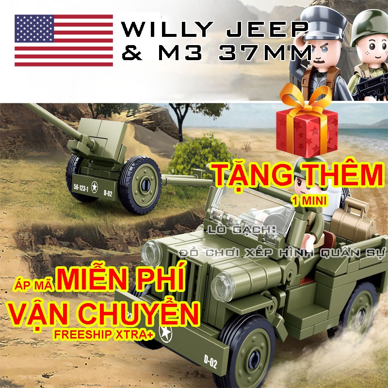 Bộ xếp hình Xe ô tô quân đội Willys Jeep & Pháo chống tăng 37mm M3 quân đội Mỹ Chiến tranh thế giới 2 WW2