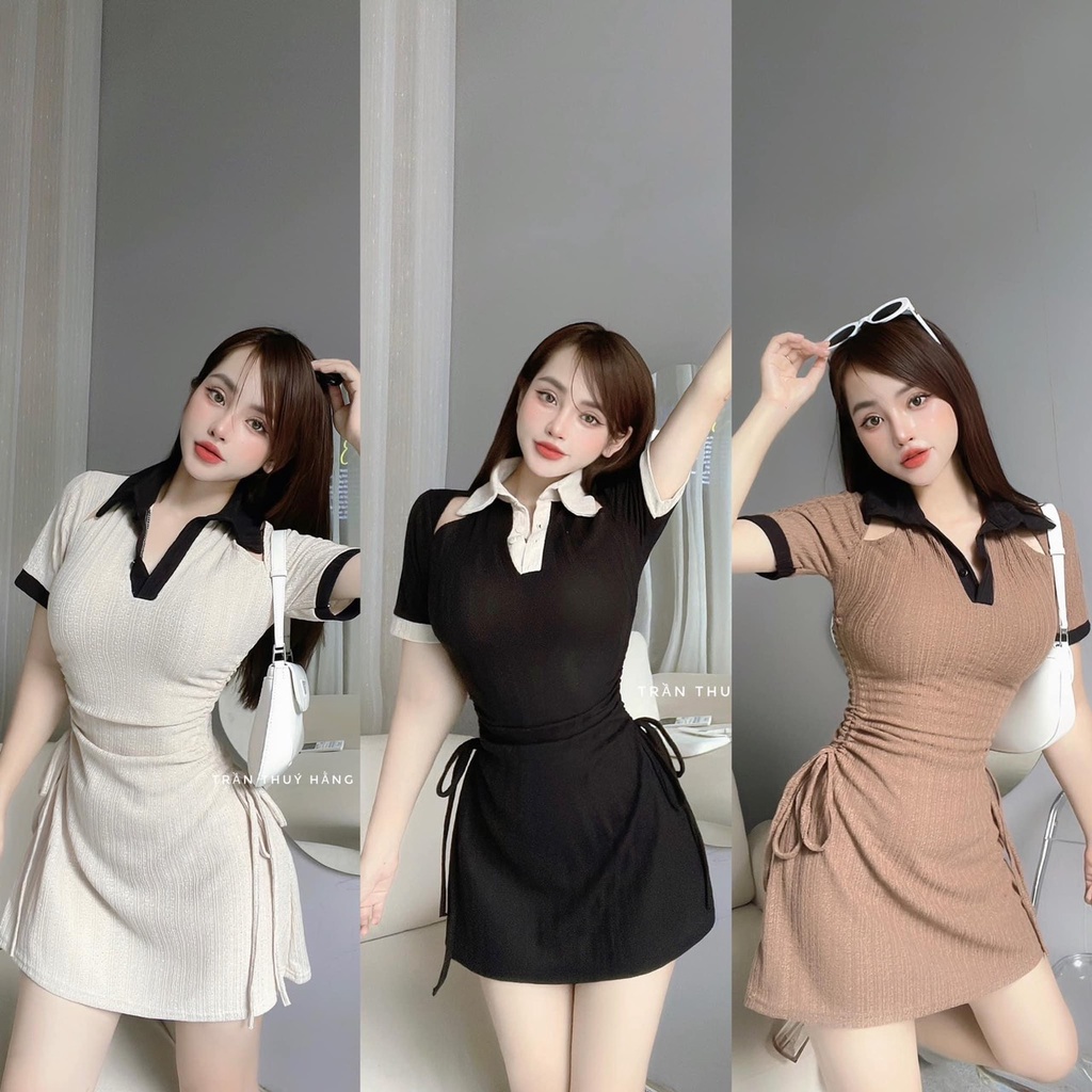Đầm Thun Gân Cổ Bolo Viền Đen, Rút Eo Hai Bên Hông Cực Tôn Dáng, Chất Thun Co Giãn,Dáng A Trên Gối Rút Eo tôn Dáng