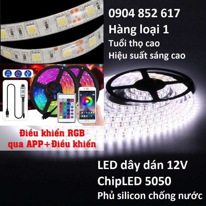 LED dây 5V 12V, 5050, cuộn 5m, phủ silicon chống nước IP 20 IP65, 1 mặt dán, RGB nhiều màu quay tiktok