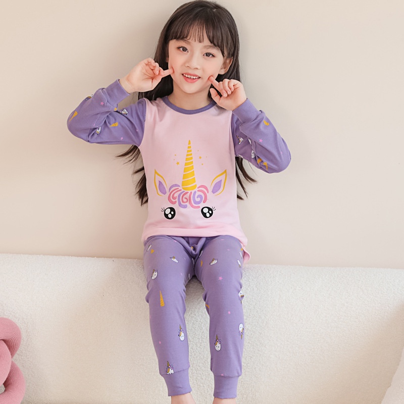 Bộ Đồ Ngủ Tay Dài Chất Cotton In Họa Tiết Hoạt Hình Thời Trang Thu Đông Xinh Xắn Cho Bé Gái 100-160cm