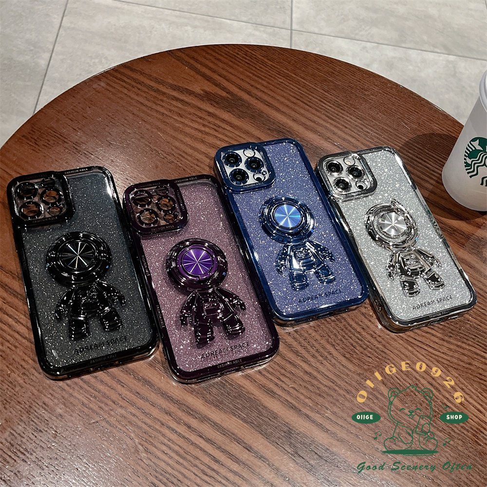 Ốp Điện Thoại TPU Họa Tiết Phi Hành Gia Lấp Lánh Kèm Giá Đỡ Nhẫn Mạ Điện Cho Iphone14 13 12 11Pro Max Plus