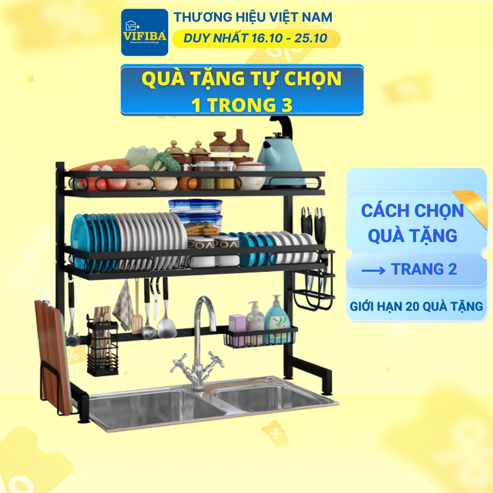 Kệ Chén VIFIBA Đa Năng Thông Minh Để Trên Bồn Rửa Bát Kích Thước 82x28x95 Màu Đen, Sơn Tĩnh Điện Cao Cấp