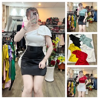 Hình thật áo lụa lệch vai nơ nhiều size