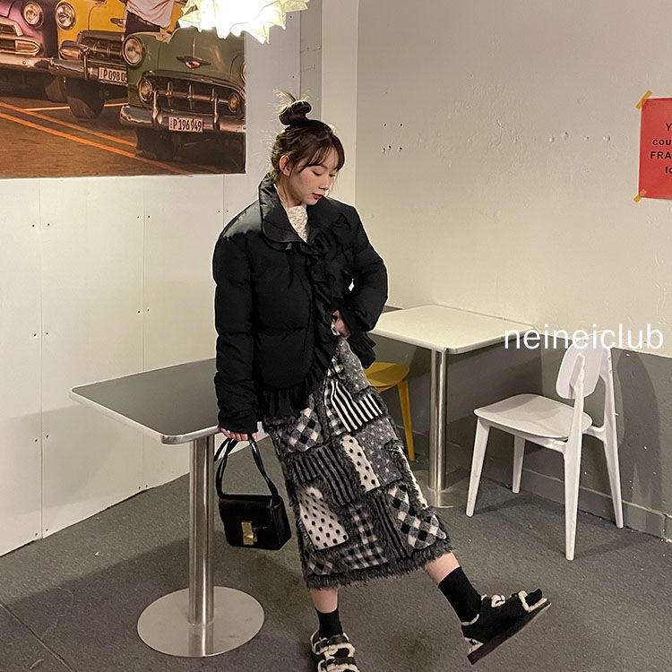 Neinei Chân Váy Len Dáng Chữ a Lưng Cao Họa Tiết Sọc Caro Xẻ Tà Thời Trang Mùa Thu