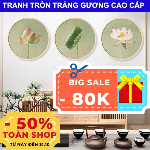 Tranh tròn hoa sen cổ kính chất liệu tráng gương siêu sáng cực nét bộ tranh hot nhất hiện nay tạo điểm nhấn cho gia chủ