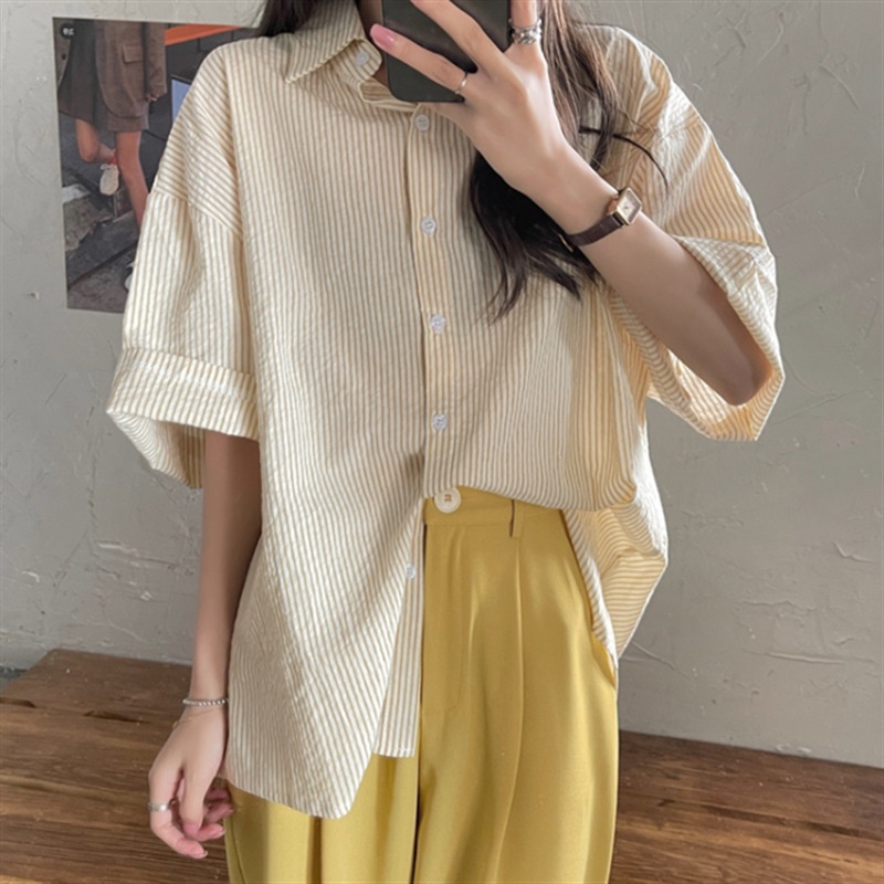 Áo Sơ Mi Kẻ Xốp Trơn Nữ Peony_boutique 👉Thun kiểu form rộng tay lỡ oversize học sinh 3158 hàn quốc