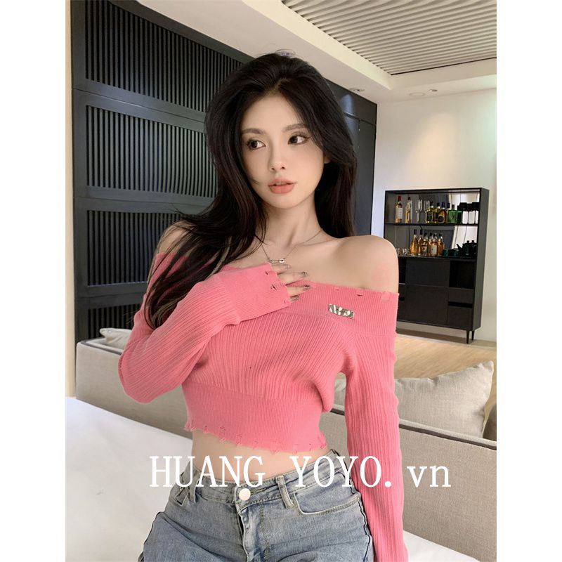 Áo dệt kim tay dài hở vai thời trang Hàn Quốc độc đáo dành cho nữ