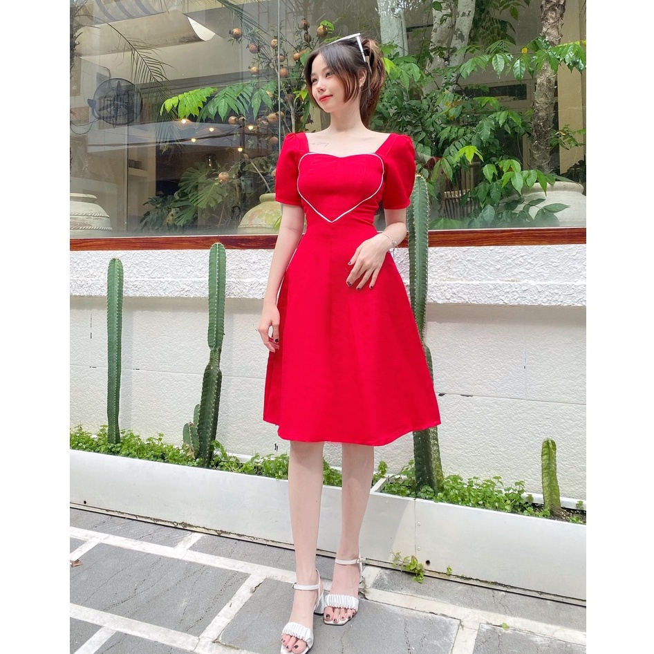 Đầm đỏ dự tiệc cổ vuông thanh lịch thiết kế công sở chữ a tay phồng đẹp đi tiệc đi làm eo tôn dáng –