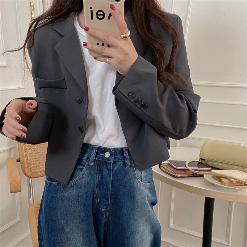 QKOOLE Áo Khoác Vest Tay Dài Dáng Ngắn Kiểu Hàn Quốc Xinh Xắn Cho Nữ