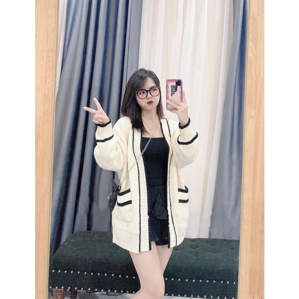 Áo khoác cardigan nữ, cardigan nữ chất len dày dặn viền màu có túi ảnh thật shop chụp