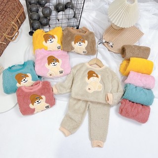 Bộ quần áo lông gấu mũ nâu cho bé