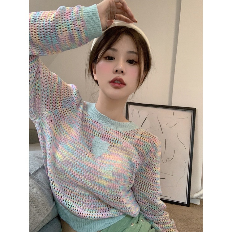 ZHELIHANGFEI Áo Sweater Dệt Kim Tay Dài Lưng Cao Kẻ Sọc Khoét Hình Trái Tim Dễ Thương