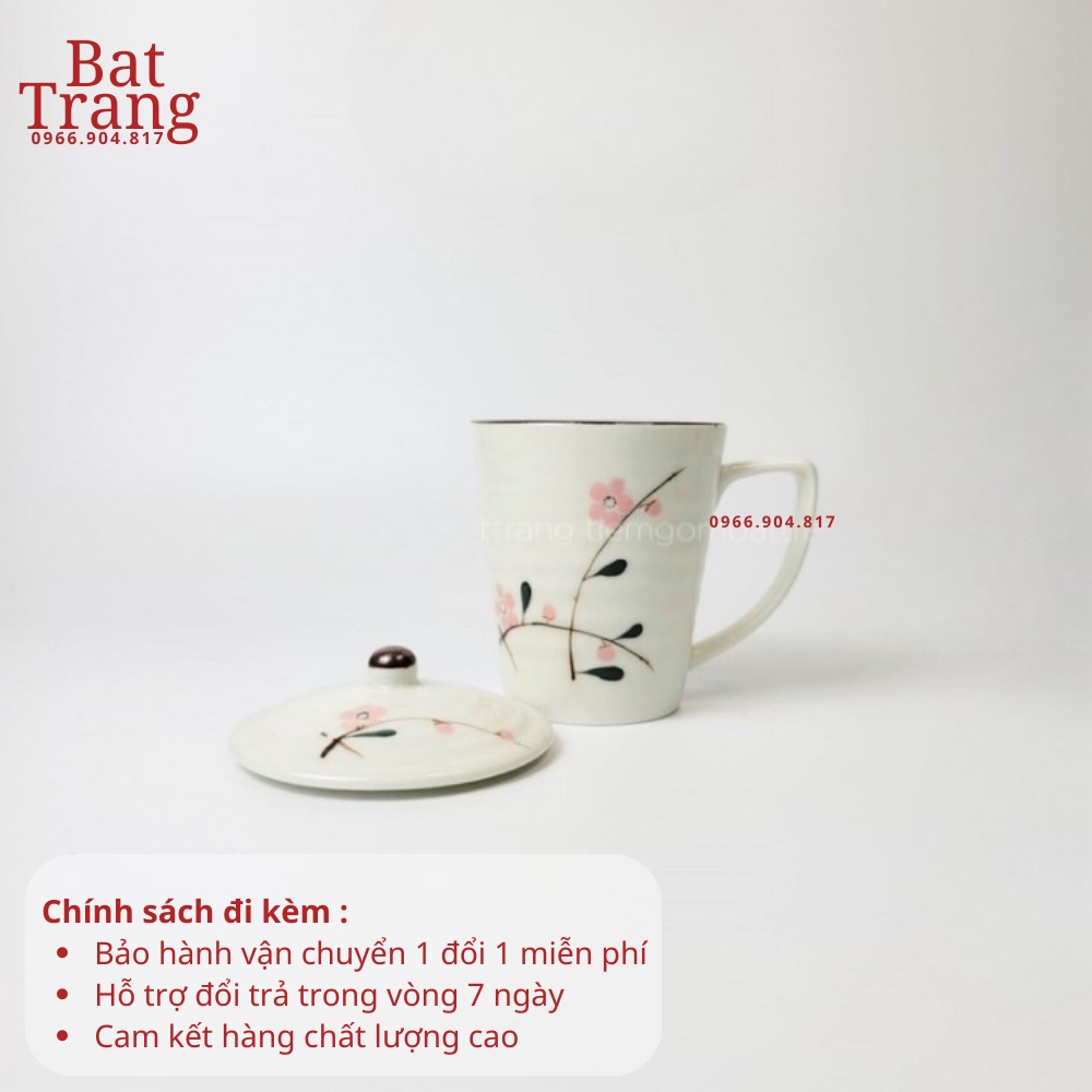 Cốc sứ uống nước có nắp men kem Bát Tràng vẽ tay 350ml, tiện lợi khi uống trà, cà phê - hàng có bảo hành