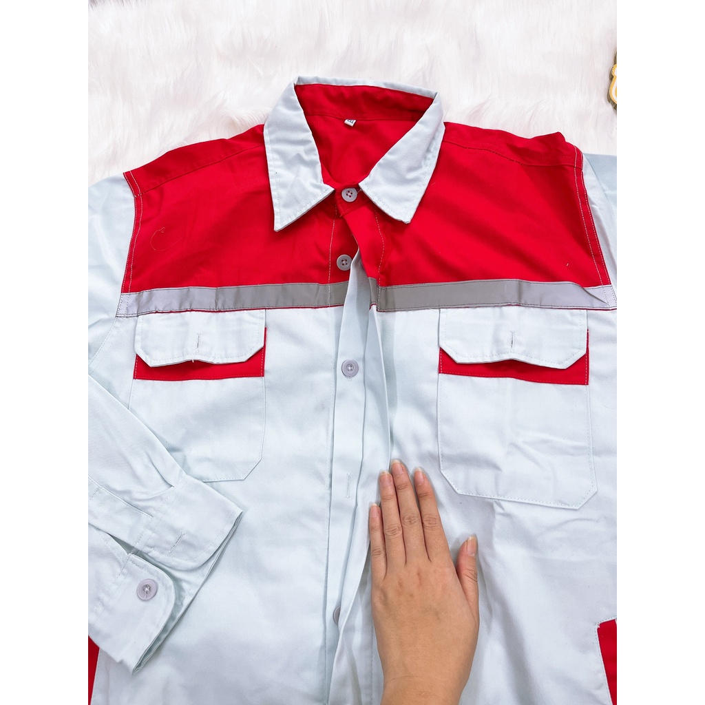 Quần áo bảo hộ lao động, Đồ kỹ sư công trình xanh phối đỏ tay dài vải kaki cao cấp _ Hình chụp thật