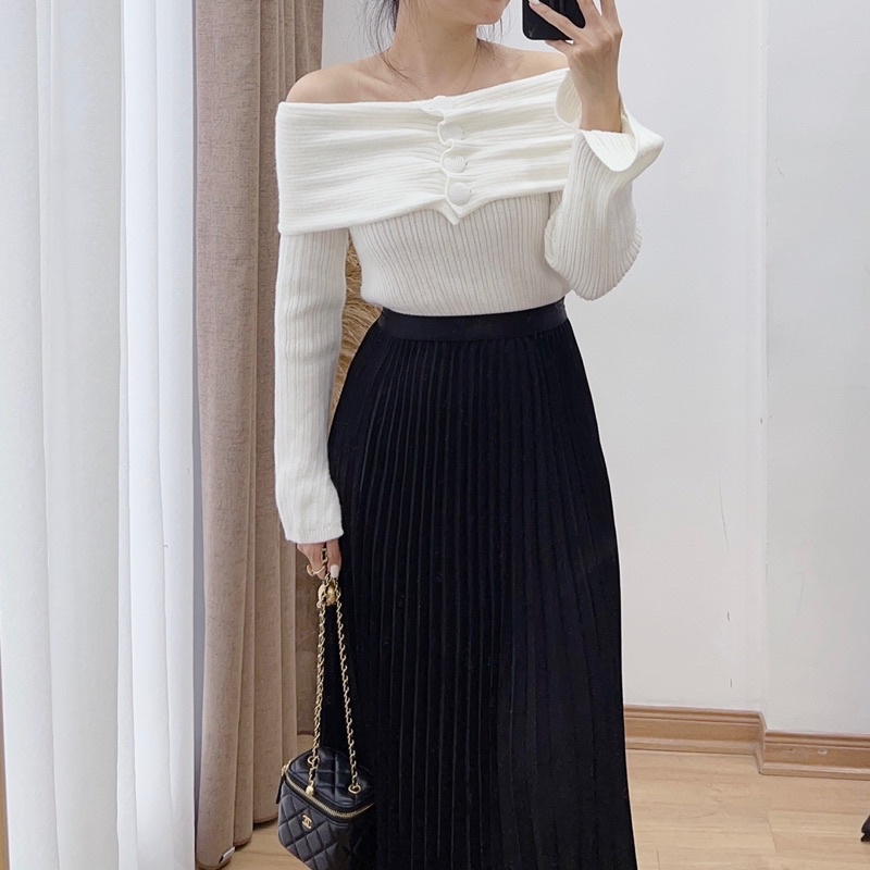 ( Ảnh thật ) 2095 Áo vạt len vai ngang cổ bẻ cúc ngực