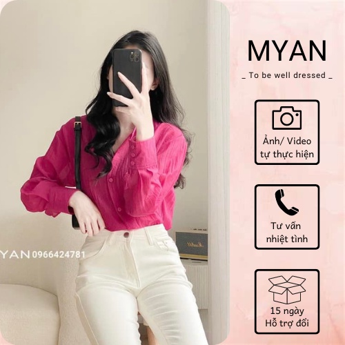 Áo Sơ Mi Nữ Cổ Đức Đuôi Tôm MYAN Thiết Kế Dài Tay Chất Tơ Nhăn, Cổ Tay 3 Cúc Màu Trơn (Trắng, Be, Nâu, Hồng) AVN092204