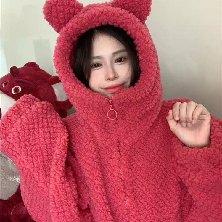 Áo Khoác Cotton Giả Lông Cừu Dày Dặn Dáng Rộng Họa Tiết Tai Gấu / Dâu Tây Dễ Thương Thời Trang Thu Đông