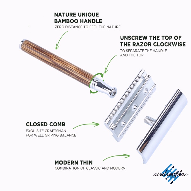 Dao Cạo Râu Hai Mặt Bằng Thép Không Gỉ Với Tay Cầm Bằng Gỗ Tre