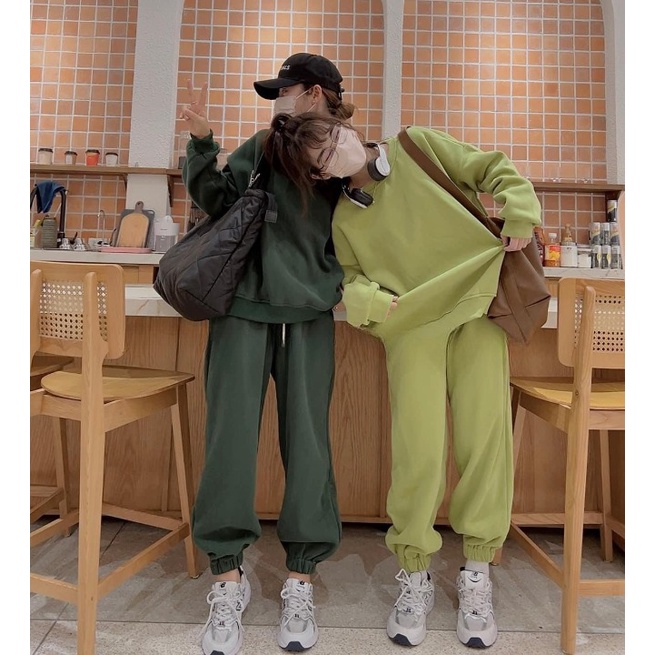 Set nỉ trơn áo cổ tròn quần bo ống Unisex - Bộ đồ ngủ quần ống bo gấu kèm áo sweater , nâu mặc ở nhà đẹp HOT TREND