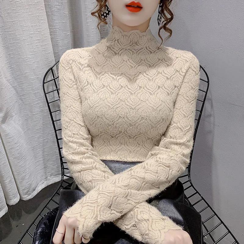 Áo Ren Cổ Lọ Tay Dài Vải Nhung Plus Phong Cách Phương Tây