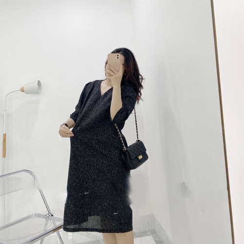 Váy suông thu đông dáng suông dài mặc đi chơi, Váy dạ cổ V tay lỡ - VDL1010 - Trabinhshop