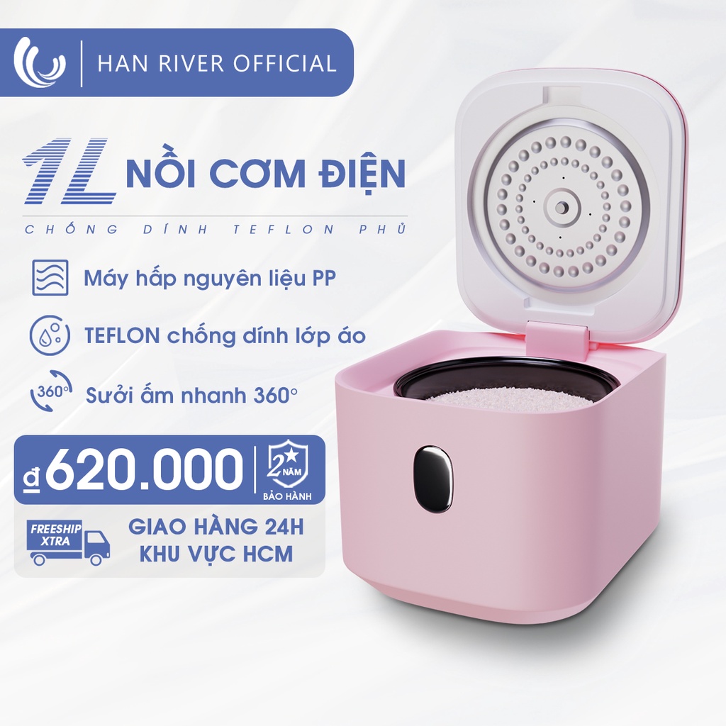 Nồi cơm điện HAN RIVER ngăn hấp pp cấp thực phẩm phủ chống dính teflon làm nóng nhanh đều lớp phủ nhôm dày 1 lít - Hàng chính hãng [Vận chuyển từ Hồ Chí Minh]