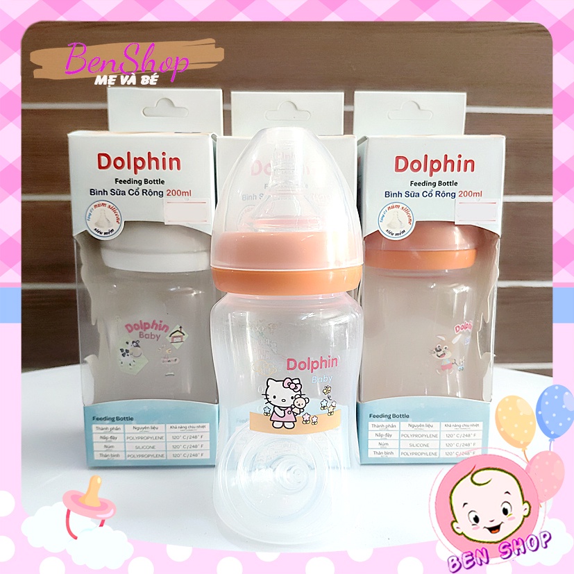 Bình sữa cổ rộng Dolphin 200ml (Tặng kèm 1 núm ty)