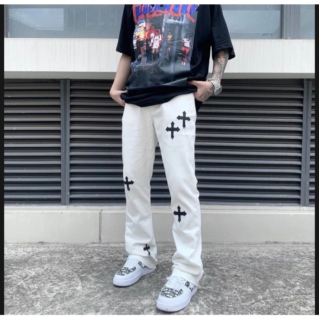 Quần Jean Nam Ống Rộng Unisex Nam Nữ Cao Cấp - Thêu Hình Chứ Thập