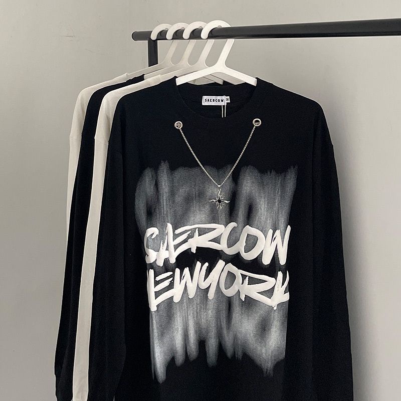 Áo Thun Đen Tay Dài Cổ Tròn Dáng Rộng Phối Dây Xích Thời Trang Mùa Thu Cho Nam Giới Có Size S-2Xl