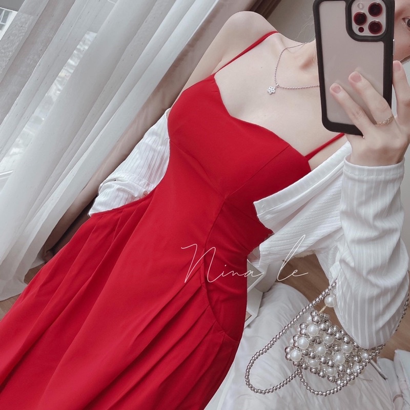 Đầm đỏ dáng đai kèm khoác gân trắng shop nina le