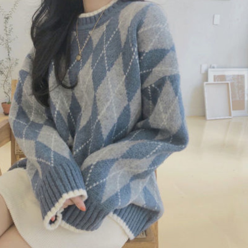 Áo Sweater Dệt Kim Tay Dài Dáng Rộng Cổ Tròn Màu Sắc Tương Phản Phong Cách Hàn Quốc Thời Trang Mùa Thu Cho