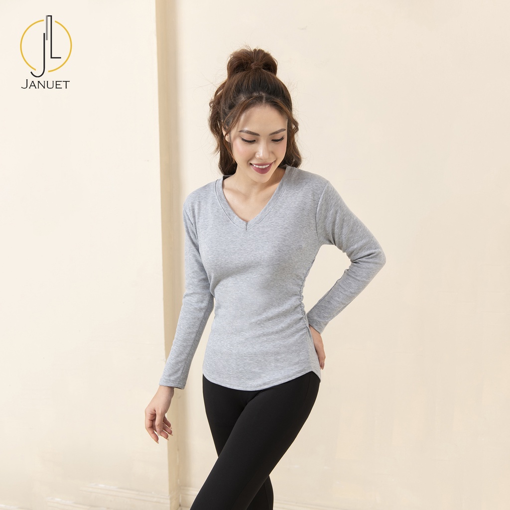 Áo Thun Nữ Dài Tay Thu Đông Januet Cổ Tim Dúm Eo Cao Cấp Trend Thu Đông  ADJ01