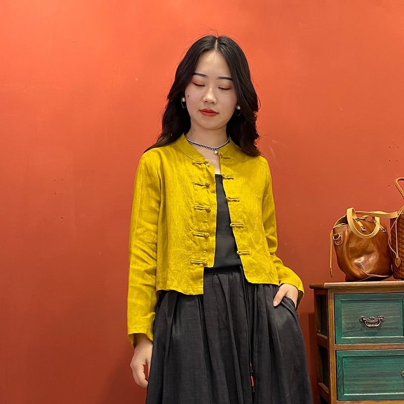 Áo Khoác Sơ Mi Ngắn Vải Lanh Cotton Màu Trơn Cài Nút Kiểu Trung Hoa Thời Trang Mùa Xuân 2022